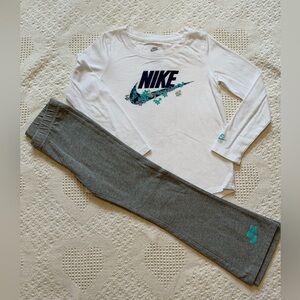 Nike White Long Sleeve Top & Gray Leggings Set with Teal Accents